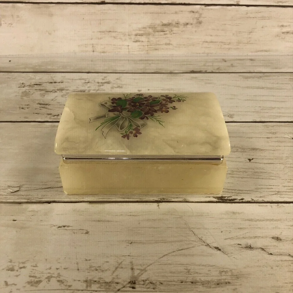 Vintage Alabaster Trinket Box Purple Floral Hinged Jewelry Box Stone Keepsake